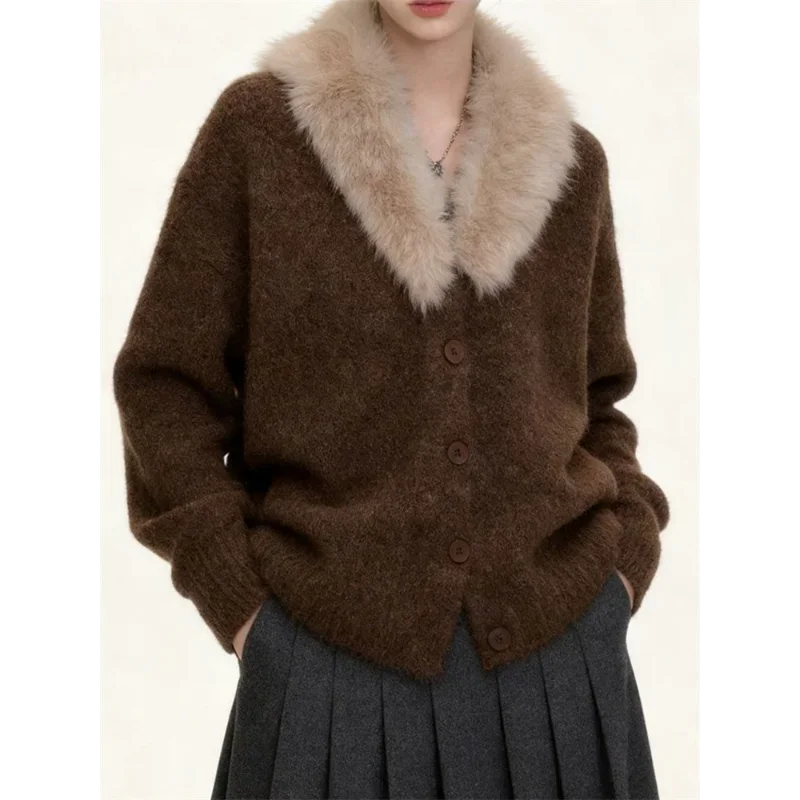 New Old Money Style Loose Retro Brown Fur Collar Knitted Single-row Button Sweater Thick Coat for Women in Winter