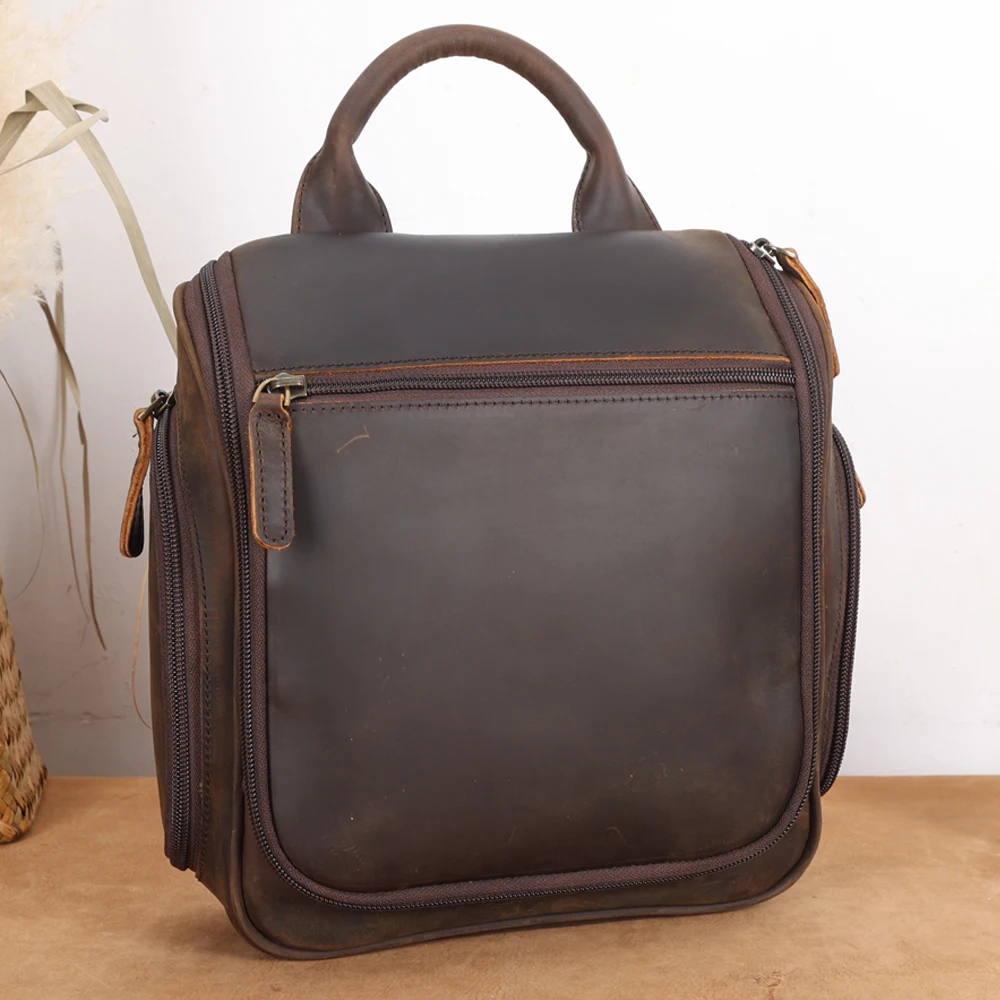 

New Design Leather Cosmetic Toiletry Bag Top Full Grain Leather Men Wash Bag for Travelers Travel Make up Washing Bag