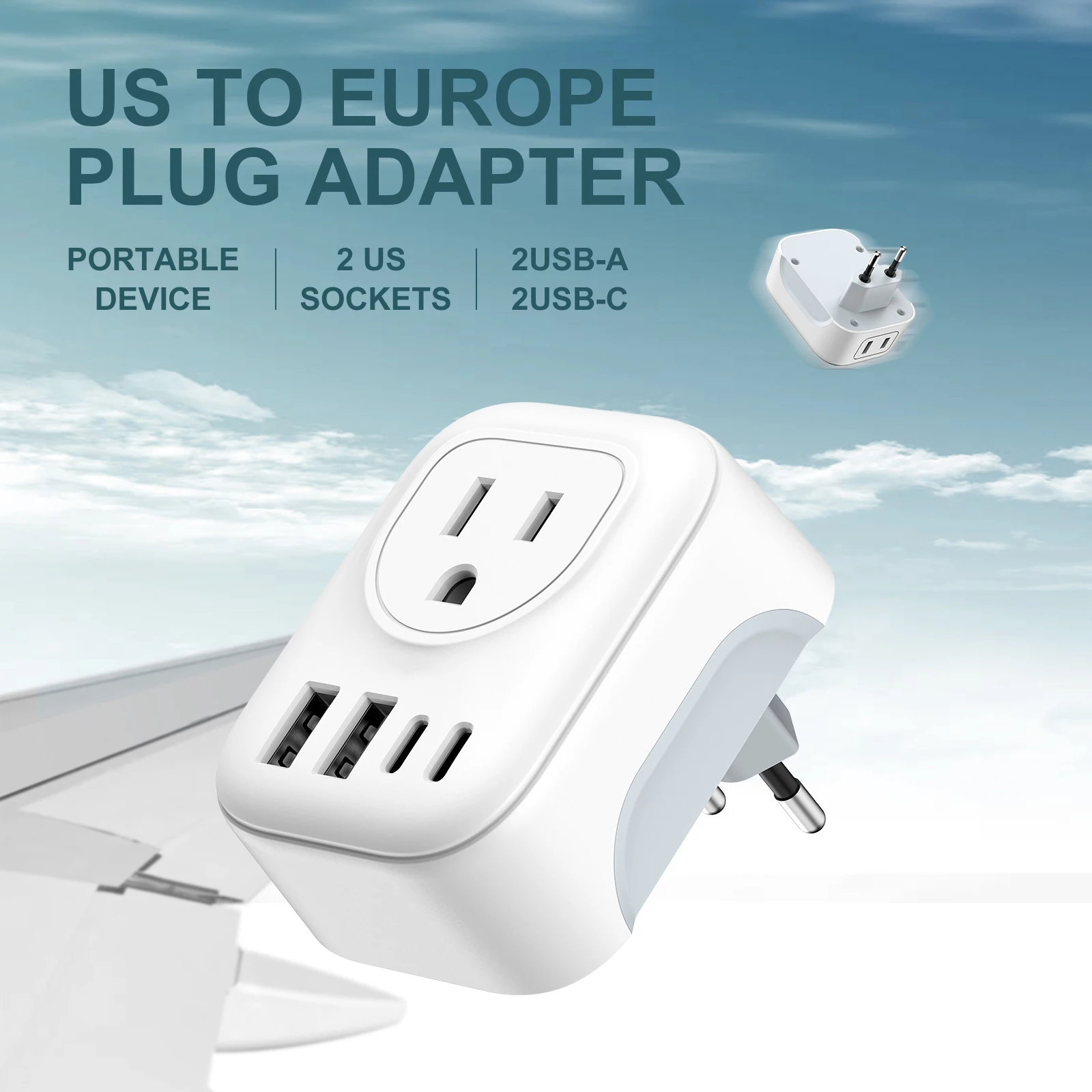 6-in-1 Conversion European Travel Adapter with 2 AC Outlets, 2 USB Ports and 2 Type C Ports, Wall Charger for Households