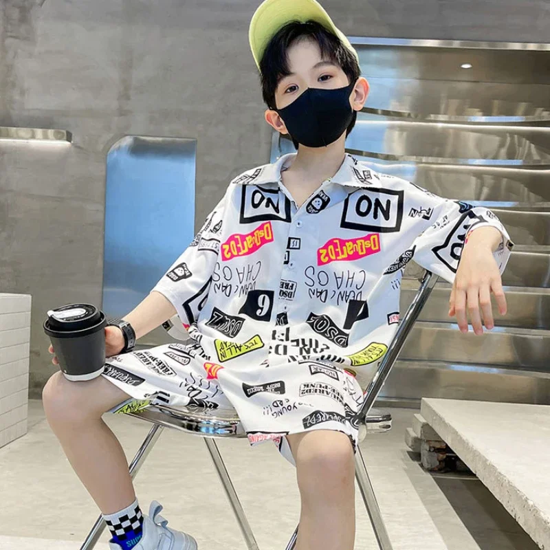 Summer Teenage Boy Clothes Set Children Fashion Single Breasted Short Sleeve Shirt Top and Shorts Bottom 2pcs Suit Beach Wear