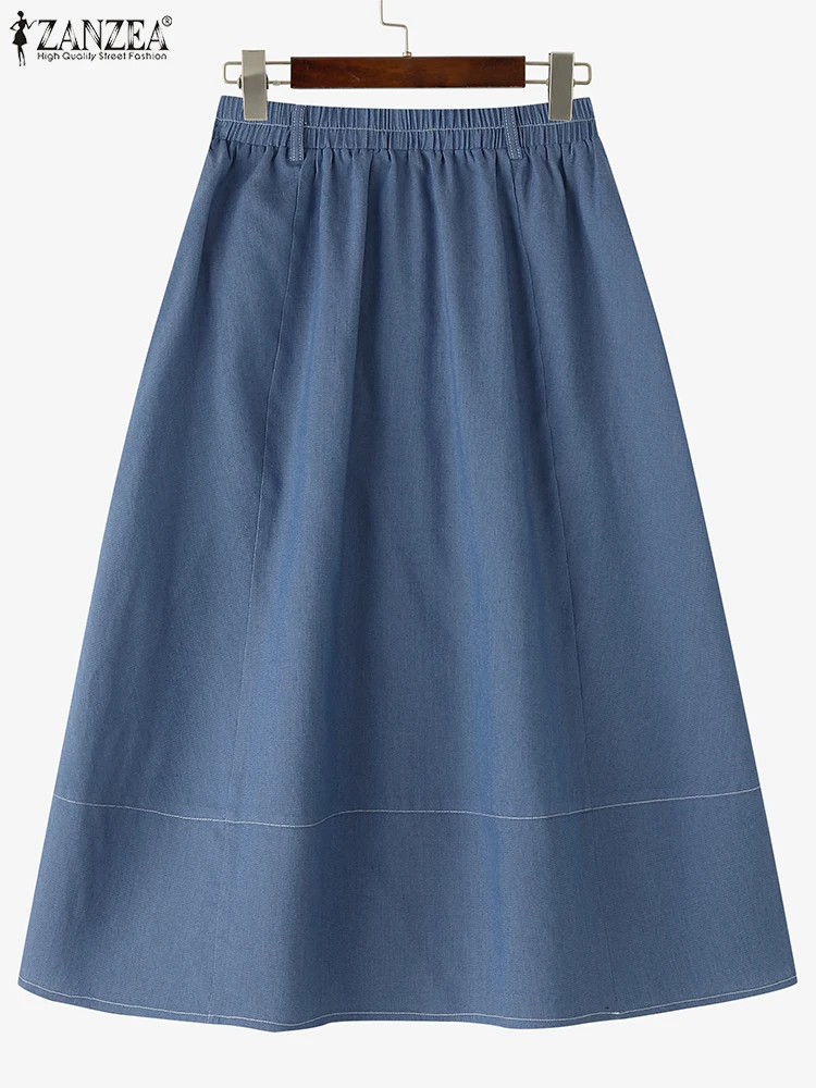 ZANZEA Vrouwen Vintage Denim Rokken 2025, Zomer Hoge Taille Zakken Effen Kleur Lange Rokken Casual Losse A-lijn Oversized Rokken
