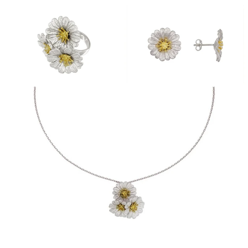 CAMEO Italy original imported s925 Pure Silver Three Daisy Ring Earrings Necklace Plated Real Gold Fashiona Vintage Set