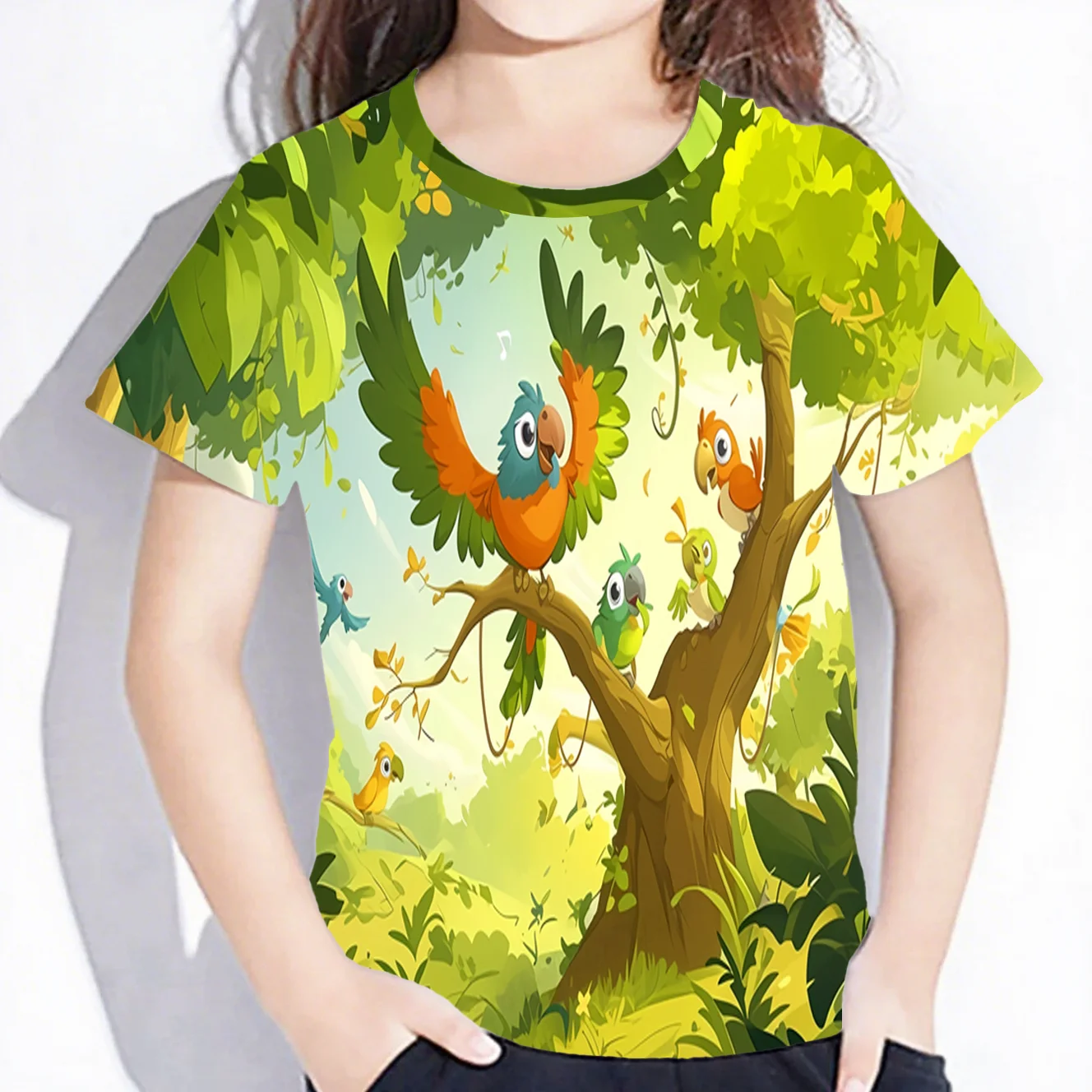 

Kids Clothes Happy Parrot Graphic T-Shirt Vibrant Bird Print Baby Clothes Short Sleeve Boys Girls Children's Clothing 2-10Y Tops