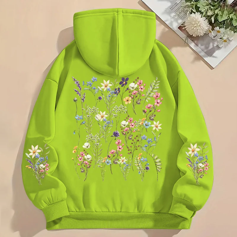 Women\'s Y2K Hoodies Vintage Wild Flower Print Loose Sweatshirt Long Sleeve Pocket Women Pullover Boho Plant Style Flower Hoody