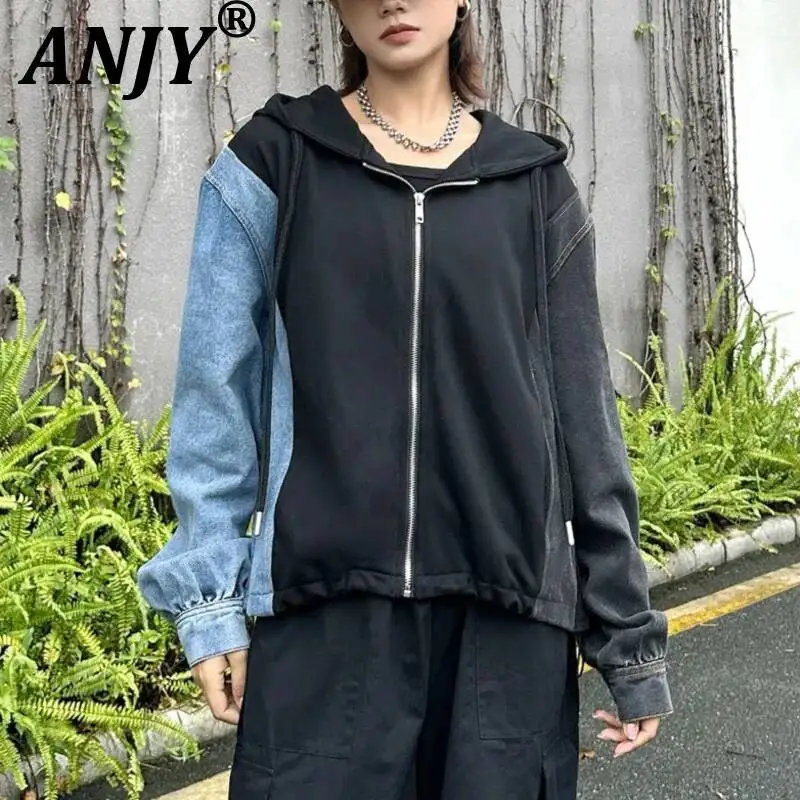 

ANJY Новая женская толстовка в американском стиле, модная повседневная джинсовая толстовка с цветными блоками и капюшоном, универсальная куртка A22861