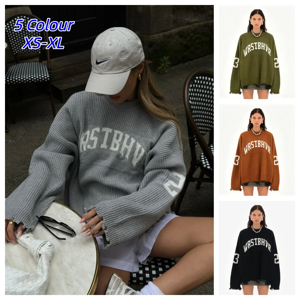 

Fashion Letter Jacquard Knit Pullover Women Oversize Long Sleeve O-neck Classic Sweater Vintage Lady Casual Loose Outerwear Tops