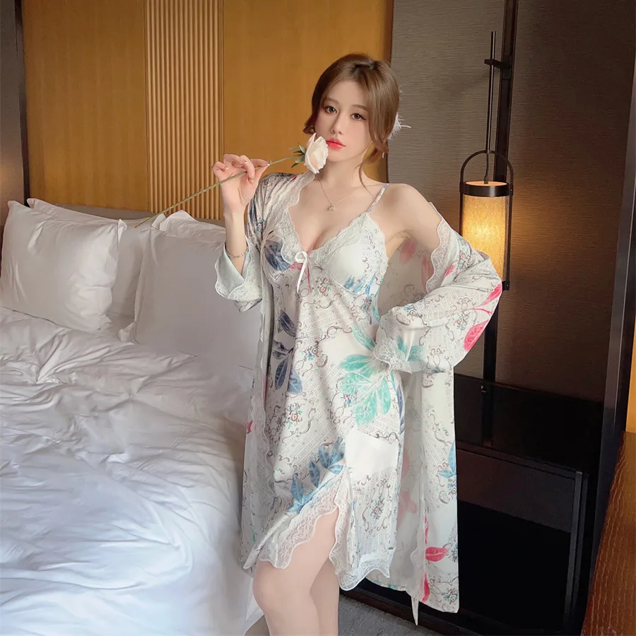 2PCS Sleepwear Bathrobe Gown Suit Summer Women Robe Set Loungewear Sexy Lace Nightgown Kimono Bride Home Dress Lingerie