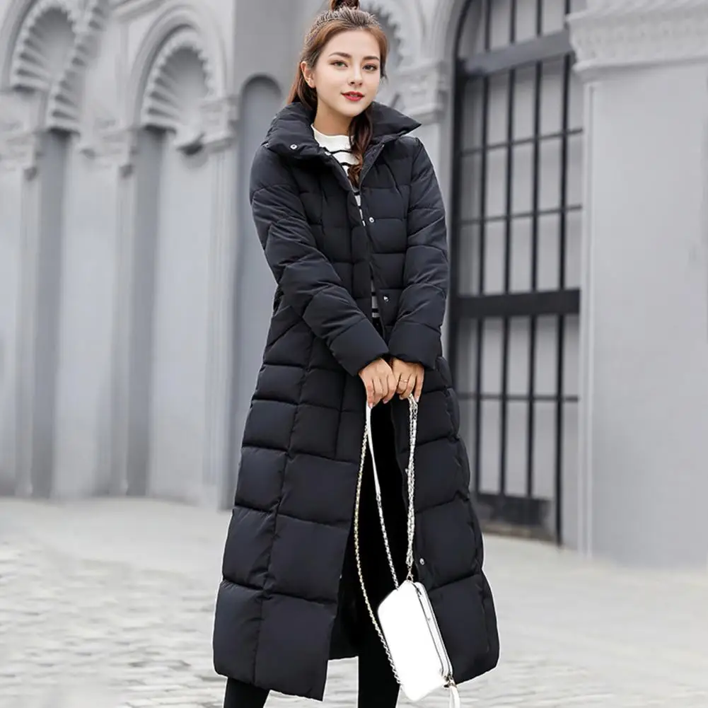 Winter Women Cotton Jacket Detachable Hood Neck Long Sleeves Parkas Solid Color Knee Length Zipper Closure Outwear