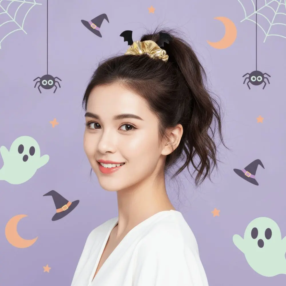 Coleteros de Halloween de alta elasticidad con alas de murciélago doradas/plateadas, diadema de tela suave con alas de murciélago, lazo para el pelo metálico brillante con diseño de araña