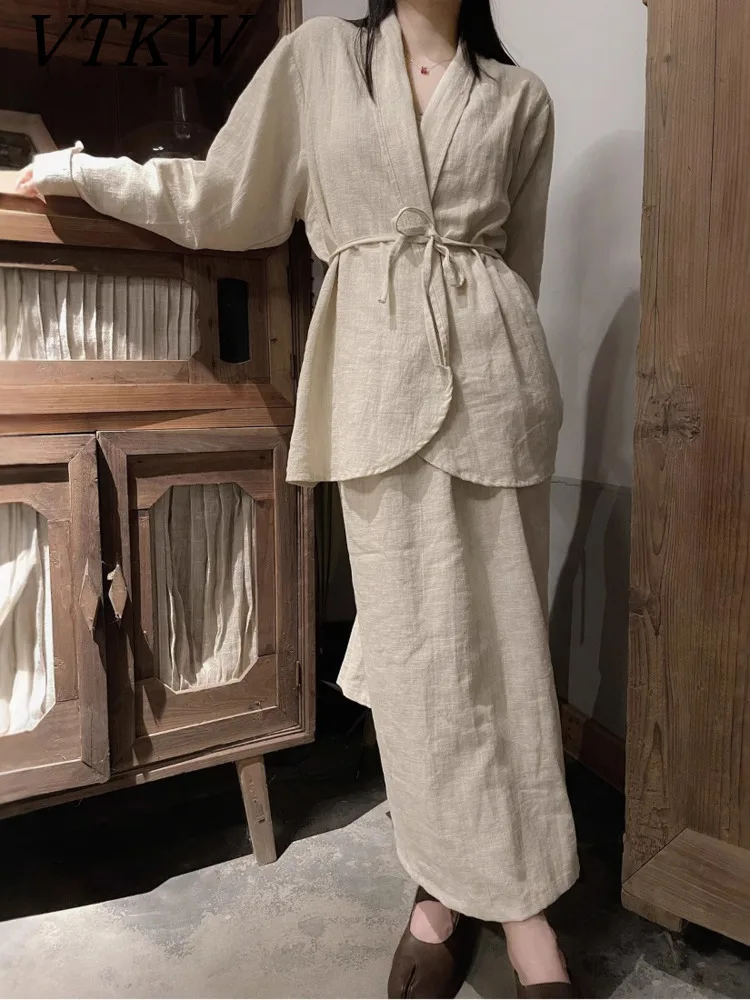 

VTKW Collar-buttoned Waist Cinching High-quality 2025 Spring New Women's Blazer. Pure Color Loose Trousers Two-piece Set.