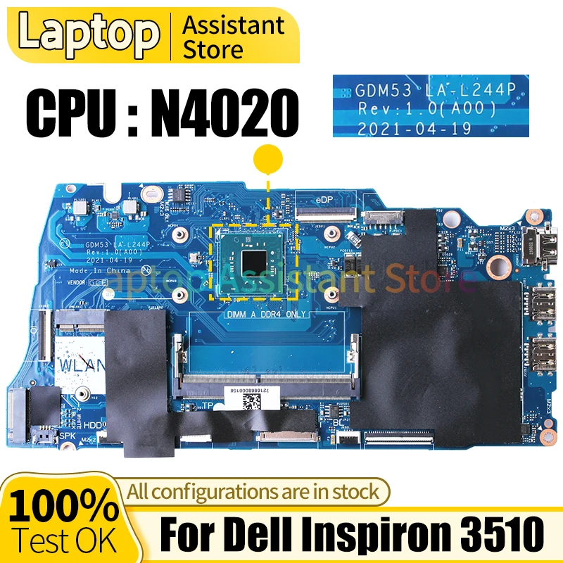 

LA-L244P For DELL Inspiron 3510 Laptop Mainboard 0NCXC4 N4020 Notebook Motherboard