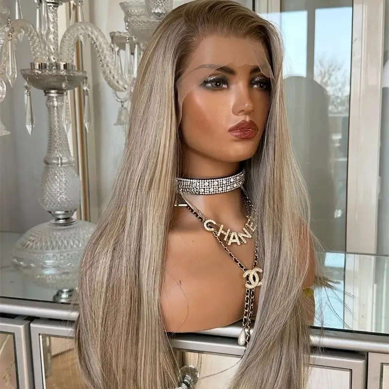Small Large Size Cap Ombre Ash Blonde Highlight Lace Front Wig Premium Heat Resistant Fibre Wig 28 Inches Soft Long Straight Wig
