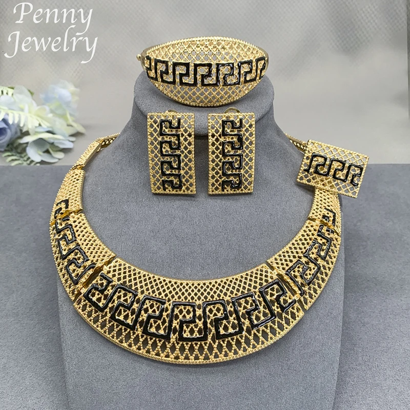 Original Designer 18K Gold Plated Jewelry Set Necklace Earring Bracelet Ring African Wedding Party Gifts Golden Jewellery Sets