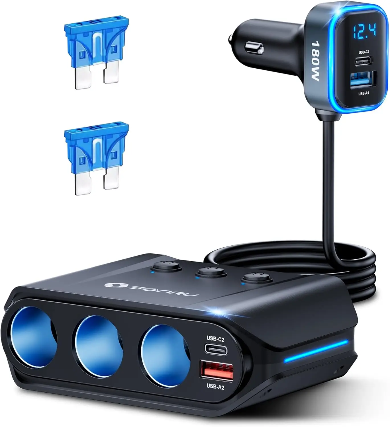 

Автомобильный разветвитель прикуривателя 7-в-1 с быстрой зарядкой, максимальная мощность 180 Вт, два порта PD/QC3.0, LED-дисплей для автомобилей 12В/24В