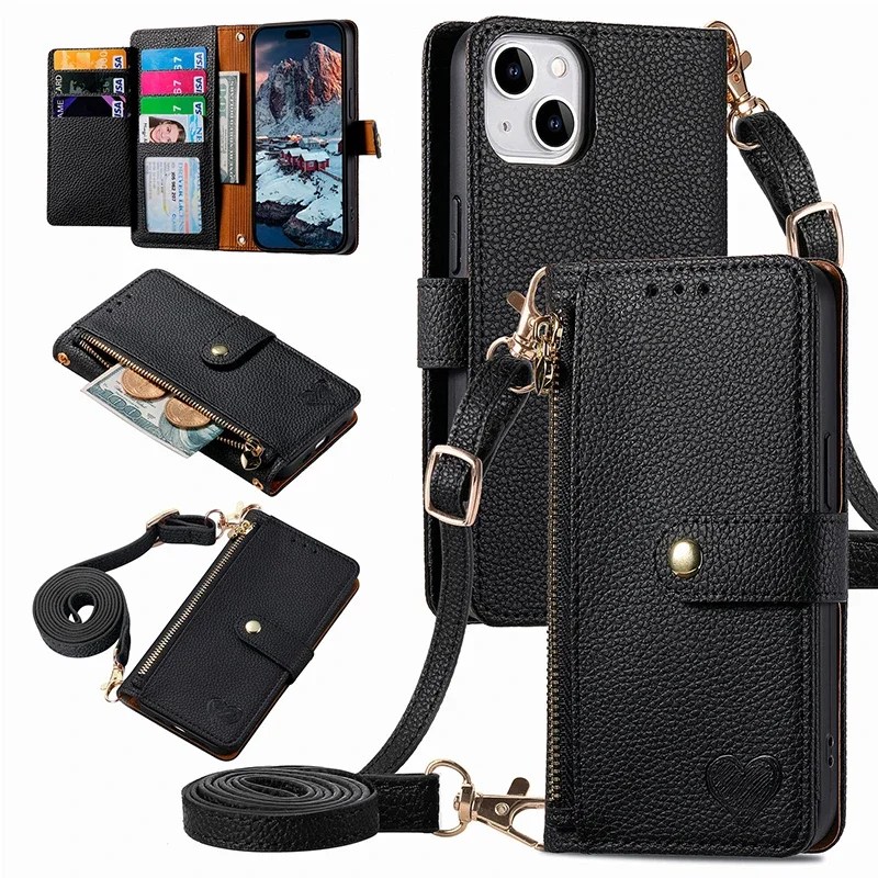 Lanyard Zipper Leather Wallet Anti-theft Case For ZTE Libero 5G II III Blade A31 Plus A51 A71 A32 A72 A53 L220 Wrist Strap Cover