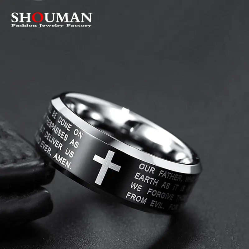 

SHOUMAN 8MM Jesus Christ Cross Scripture 316L Stainless Steel Men's Women's Allah Ring Amulet Lucky Party Gift Never Fading
