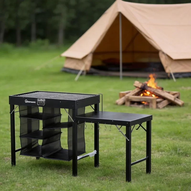 Portable Folding BBQ Table for Outdoor Camping Custom Multi Functional Grill Stand with Storage Space for Street Food Vendors