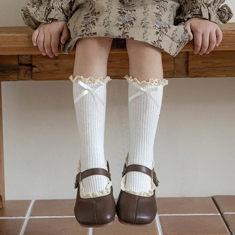 Retro Lace Bow Calf Sock for Kids Girl Sweet Beige Coffee Color Bow Ruffle Sock for Children Spring Autumn Cotton School Sock