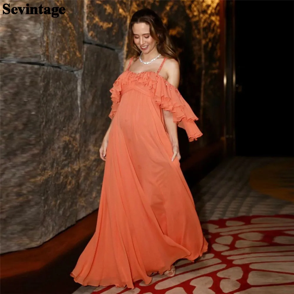 

Sevintage Elegant Orange Empire Maternity Evening Dresses Chiffon Spaghetti Strap Pregnant Woman Gowns Sweep Train Prom Dresses