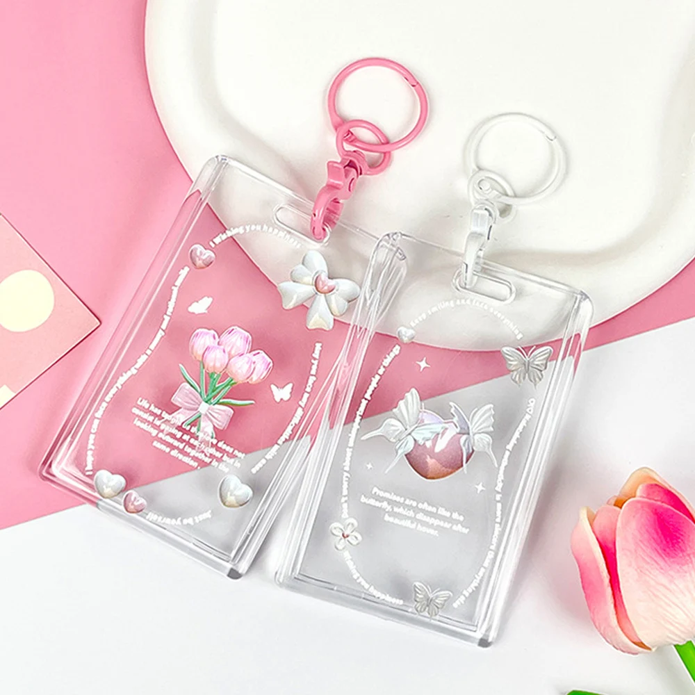 INS Sweet Girls Transparent Photocard Holder Keychain Hanging Photos Card Cover Flower Butterfly Acrylic Card Protectors Sleeve