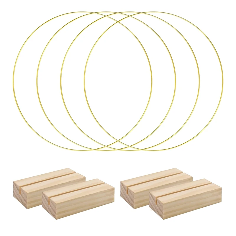 4 PCS Metal Wreath Ring Centerpiece For Table For DIY With 4 PCS Wood Place Card Holders