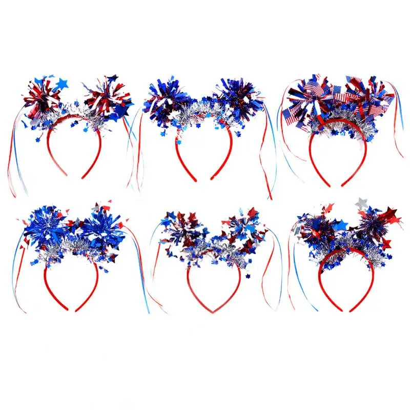 Patriotic Headband 6X Red White and Blue Star Headbands with Tassels Sphere Design Hair Decoration Costume Headwear for Kids