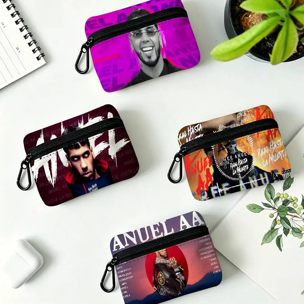 Anuel AA Real Hasta La Muerte Music Album Lightweight Oxford Fabric Coin Purse Carabiner Hook Design Mini Card Key Organizer Bag