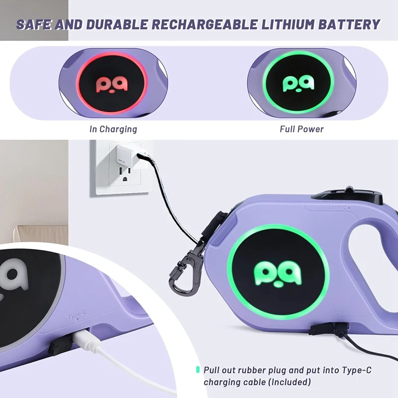 Correa retráctil para perros con luz LED recargable, cinta de nailon resistente de 16 pies para paseos nocturnos de hasta 88 libras, color morado para mascotas, fácil de usar