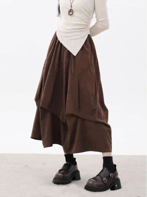 

Модная свободная бархатная юбка с плиссировкой, универсальный А-силуэт, повседневный стиль, хлопковый материал, эластичная талия