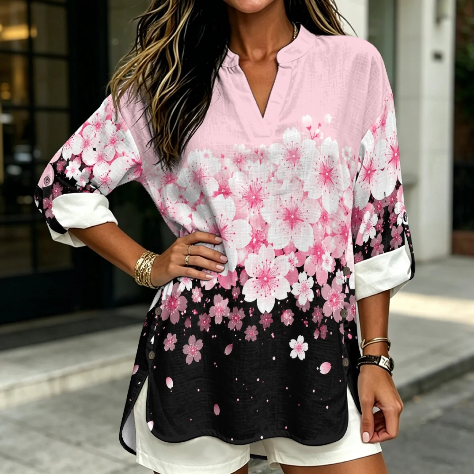 PENSTROLL Cherry Blossom Gradient Linen-Like Women's Shirts for Everyday Wear Roll Up Sleeve Blouse Women's Long Sleeve Shirt