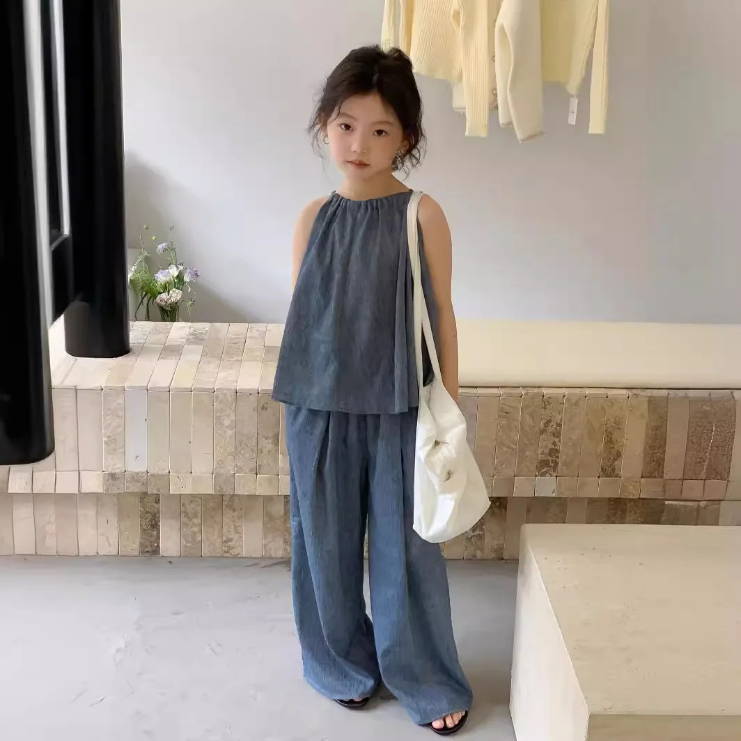 

Girls Suits South Korea Children Wear 2024 Summer Girls Blue Halter Wide-leg Trouser Suit CuHK Girl Treasure Cool Two-piece Set