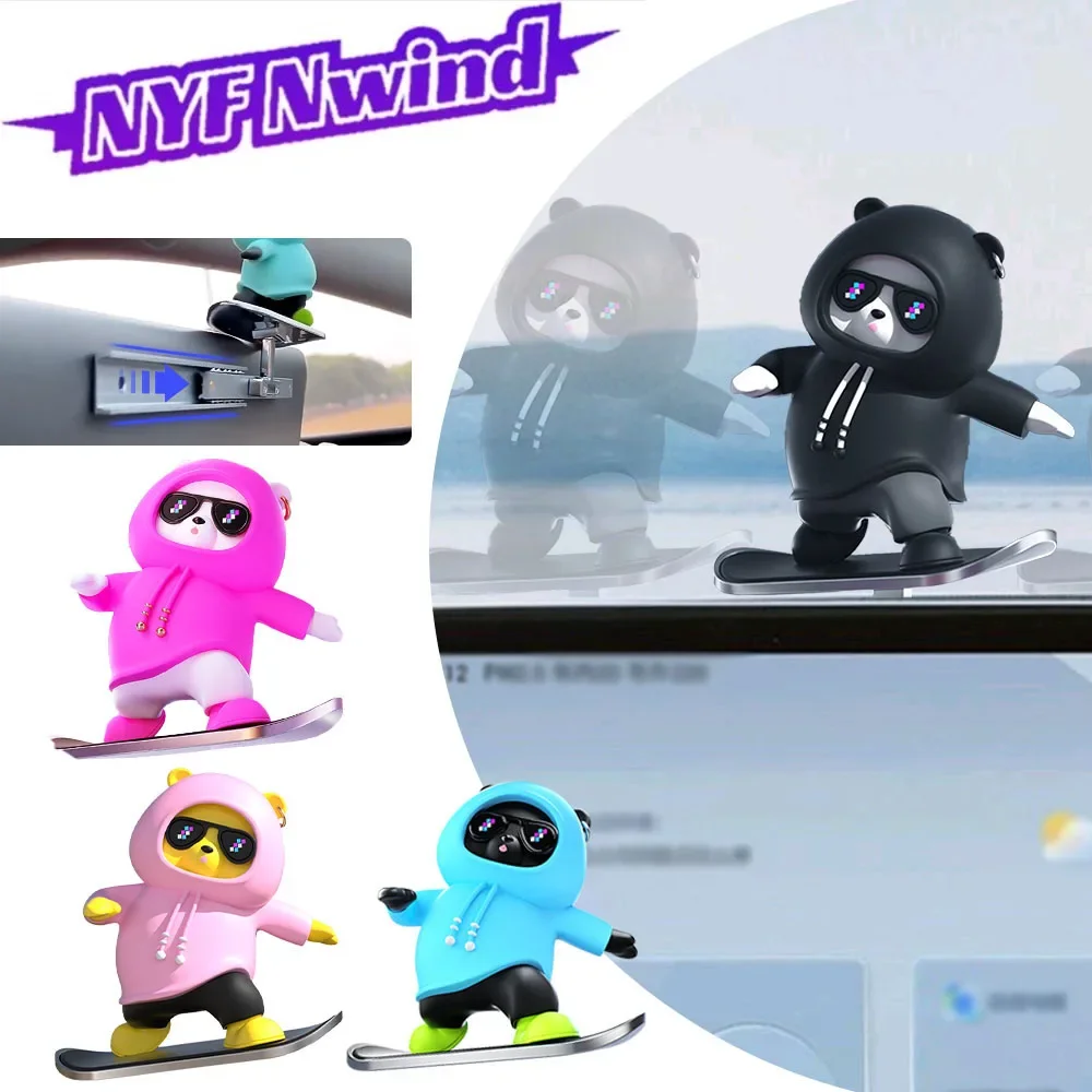 Urso de Skateboard Deslizante Automático para Carro, Enfeite de Carro, Boneco de Urso de Desenho Animado, Urso Móvel para Console Central, Decoração de Interior Automotivo