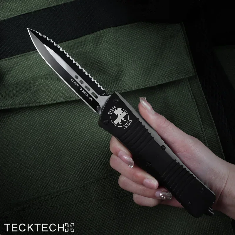 MICRO TECH COMBAT TROODON Knife Black Coated DE Serrations Blade CNC T6 Aluminum Alloy EDC Self Defense Pocketknife Best Ver