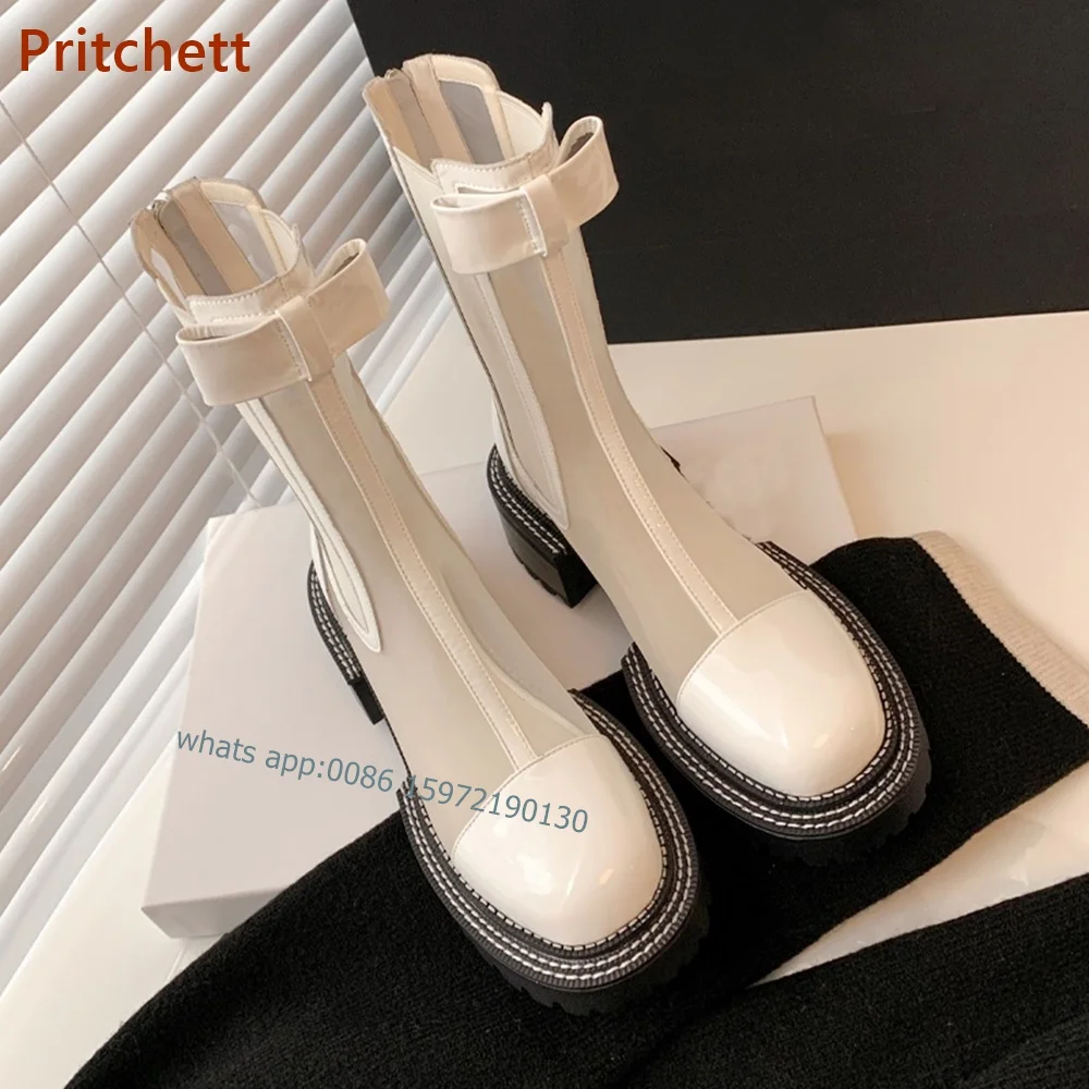 

Hollow Out Patchwork Mid Calf Boots Low Heel Bows Round Toe Shoes Solid Black White Zip Runway Show Boots Comfortable Spring