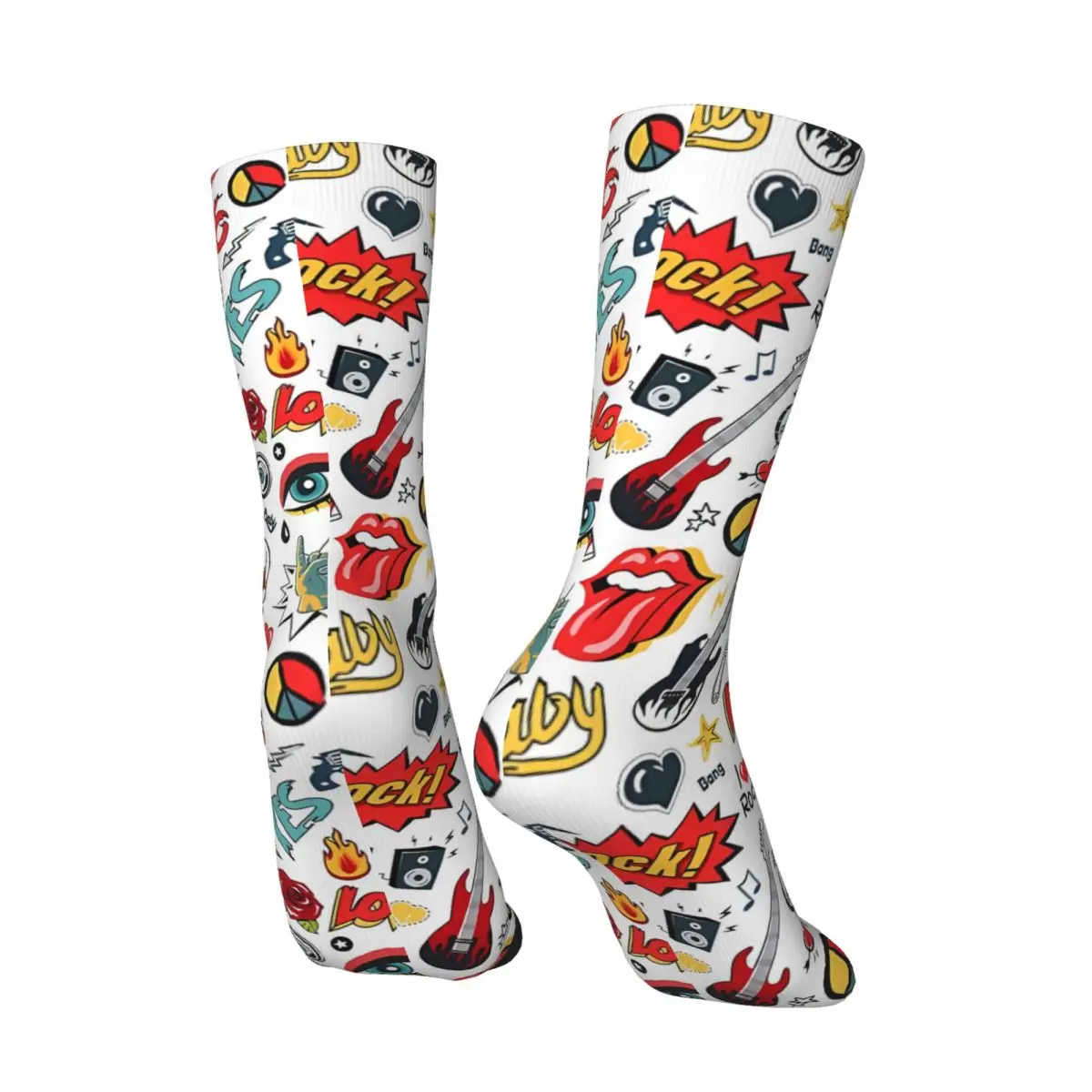 Retro Rock Men\'s Socks Rock And Roll Music Unisex Hip Hop Seamless Printed Funny Crew Sock Gift