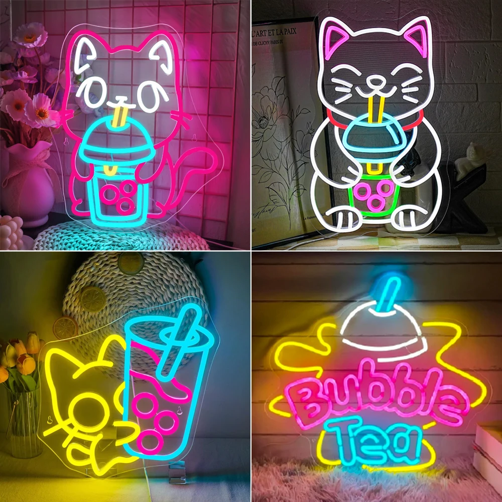 

Cute Cat Neon Sign Bubble Tea Neon Led Sign Milk Tea Shop Sign Boba Tea Room Decoration For Dessert Store Club Dimmable Lamp USB