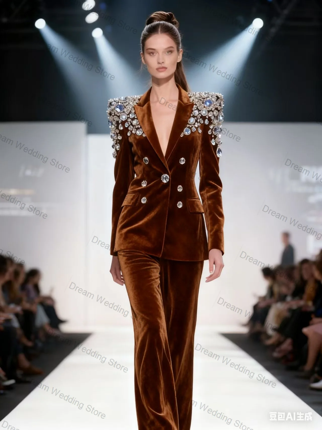 Velvet Brown Women Suit Pants Set 2 Pcs Blazer+Trousers Crystals Formal Office Lady Jacket Customized Guest Wedding Prom Coat