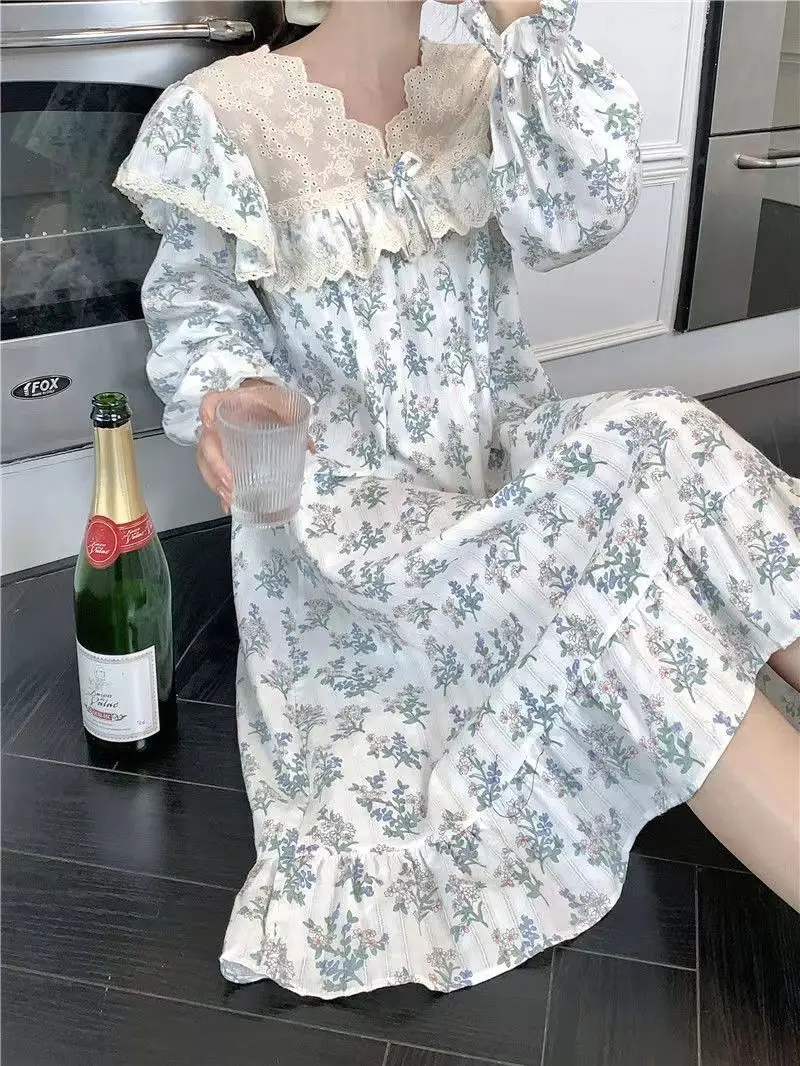 

Новый стиль, пижамы в дворцовом стиле, женская кружевная ночная рубашка, милая домашняя одежда в студенческом стиле, ночная рубашка с цветами, женская рубашка для сна