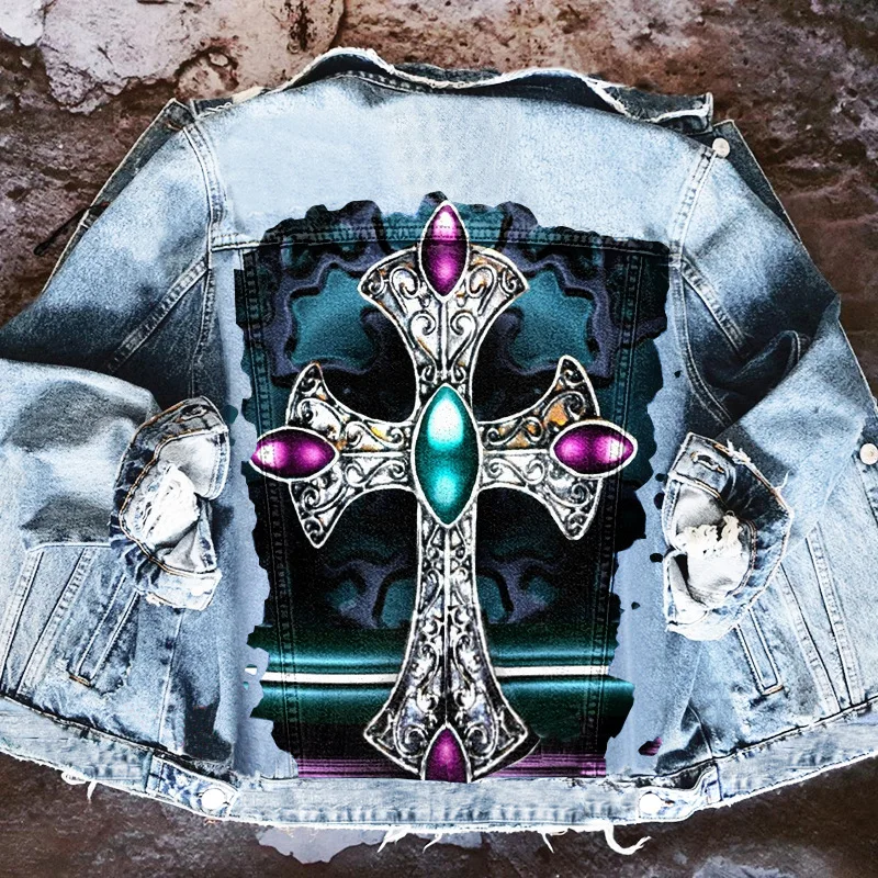 Stylewomen's Denim Jacketwomen's New 2022 Spring And Autumn New Street INS Color Cross Personality Printing Lapel Denim Jacket F