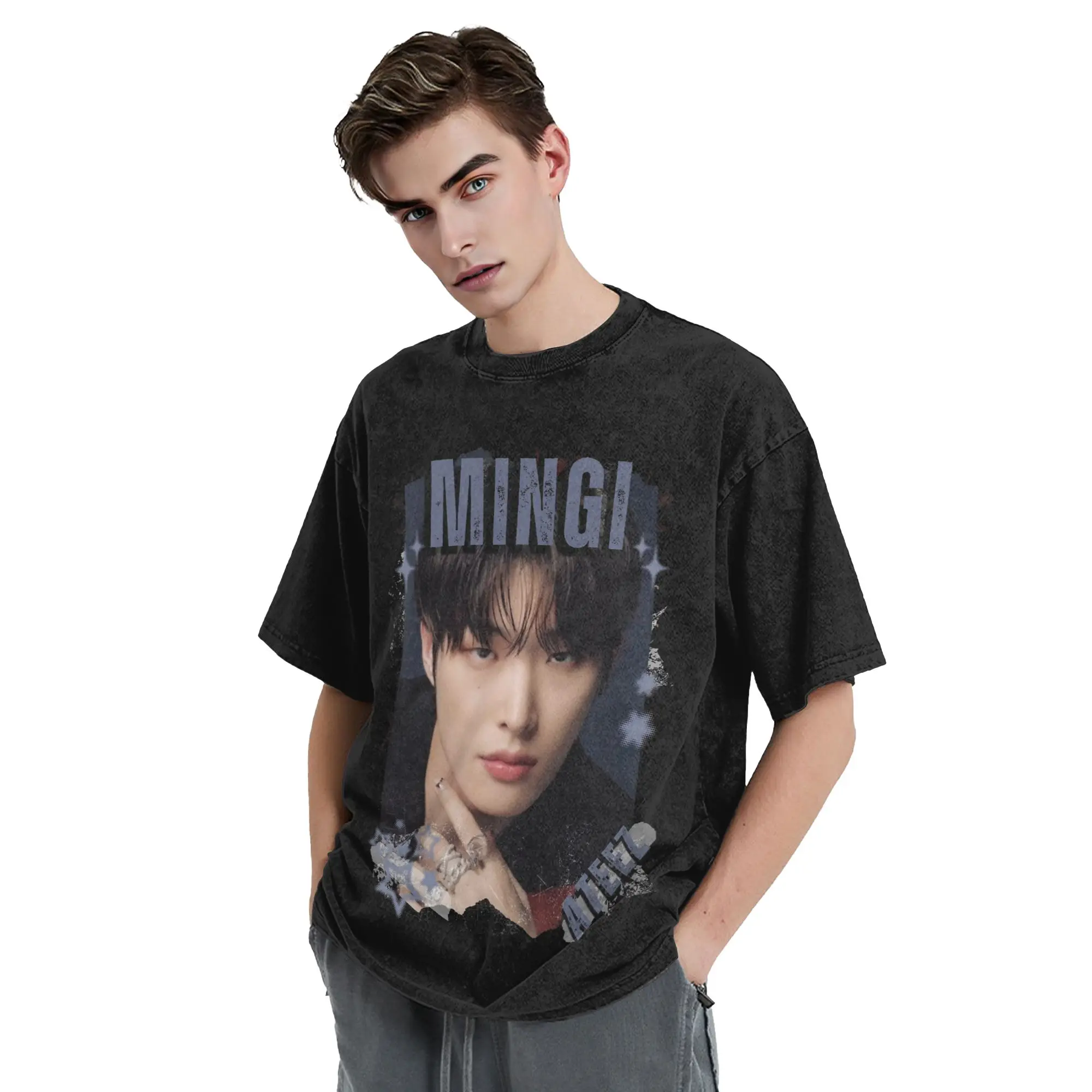 Kpop Boy Group A-Ateez Mingi Washed T Shirts Streetwear  Vintage T-Shirt  Tee Shirt Men Women 100% Cotton High Street Summer