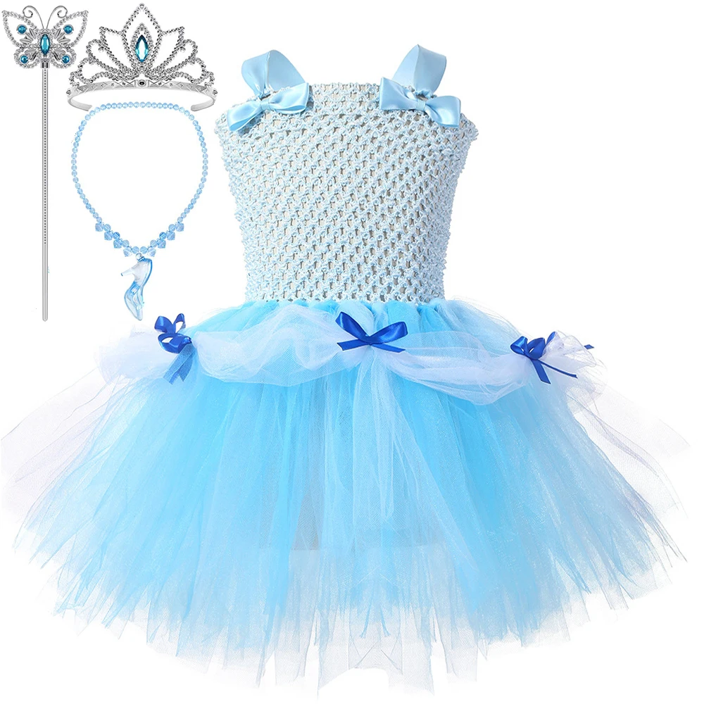 Blue Princess Cinderella Dresses for Girls Christmas Holiday Costumes Kids Lolita Ballet Tutu Outfits with Crown Stick Gloves