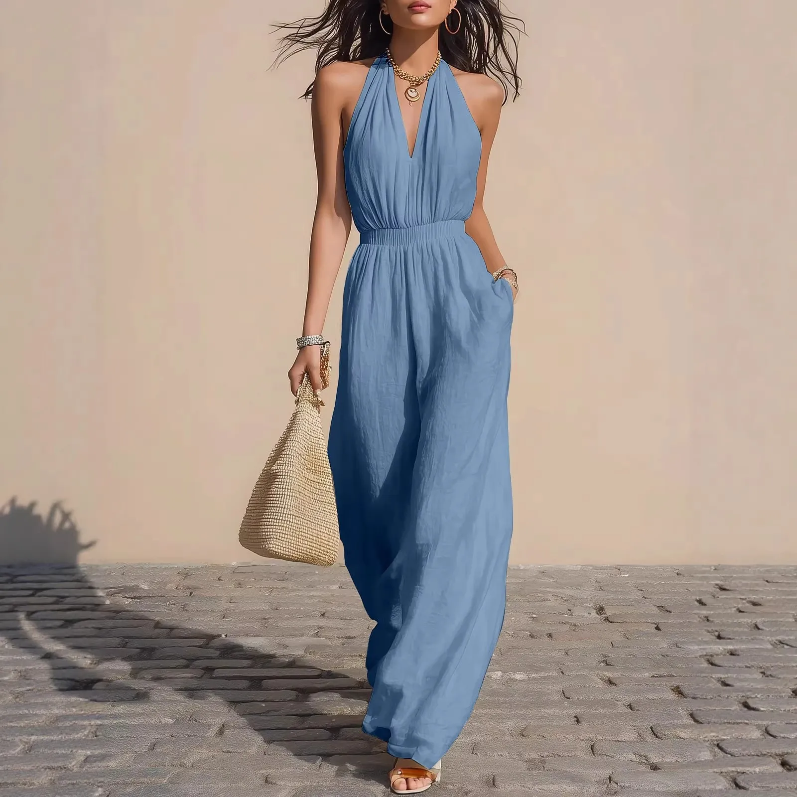 For Woman Jumpsuit Halter Neck Sleeveless Black Romper Wide Leg Elastic Waist Burgundy V Neck Slim Fit Jumpsuit