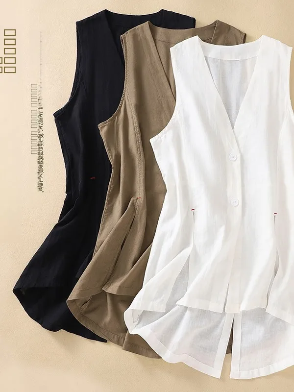 

Женская летняя куртка большого размера из хлопка и льна с V-образным вырезом, на пуговицах, однотонная, для повседневной носки, приталенная