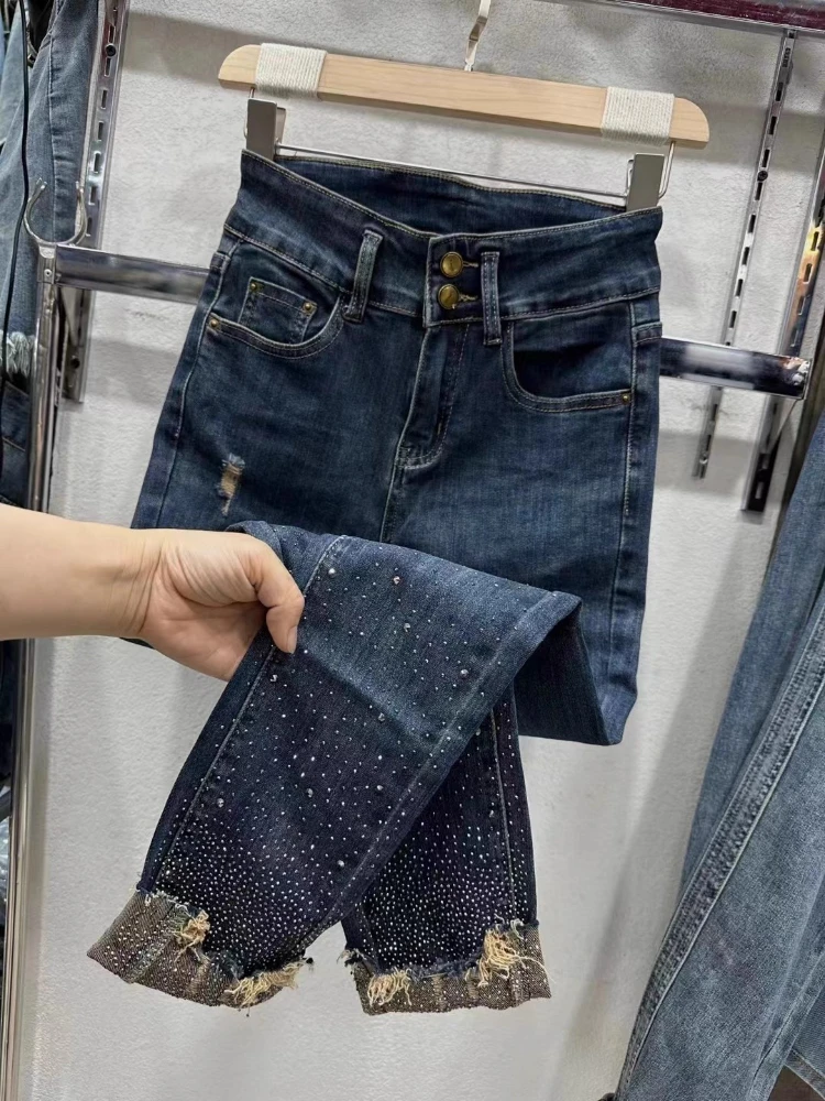 

2025 Autumn Winter New Jeans Ladies Fashion Street Casual Denim Trousers High Waist Hole Hot Drilling Plus Size Pencil Pants