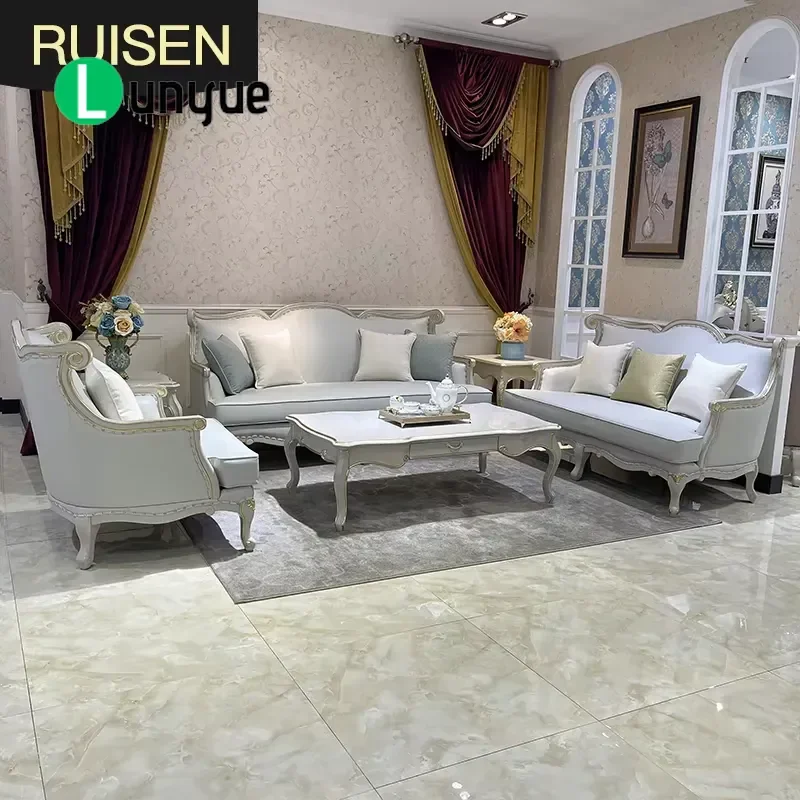 European French Casual Gray Leather Sofa 123 Set Solid Wood Frame Light Blue Simple Fashionable Living Room Furniture
