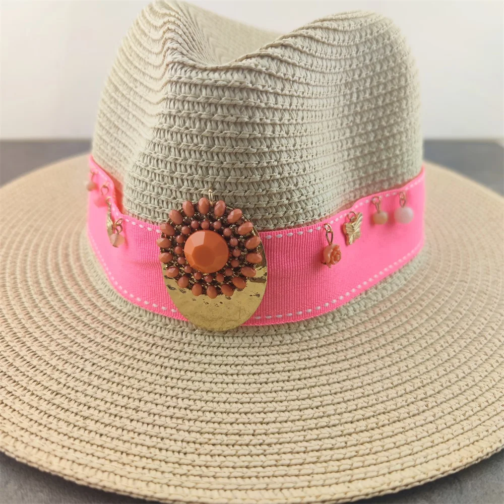 Pink Band Wholesale Sun Hats Women Summer Panama Wide Brim Straw Hats Fashion Colorful Outdoor Jazz Beach Sun Protective Cap