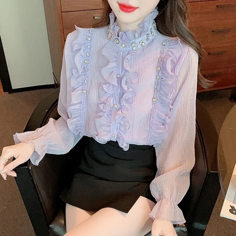 Heavy Wooden Ear Beaded Stand Single-Breasted Shirt for Women 2022 Spring New Fashion Sweet Fairy Lace Flare Sleeve Blouse