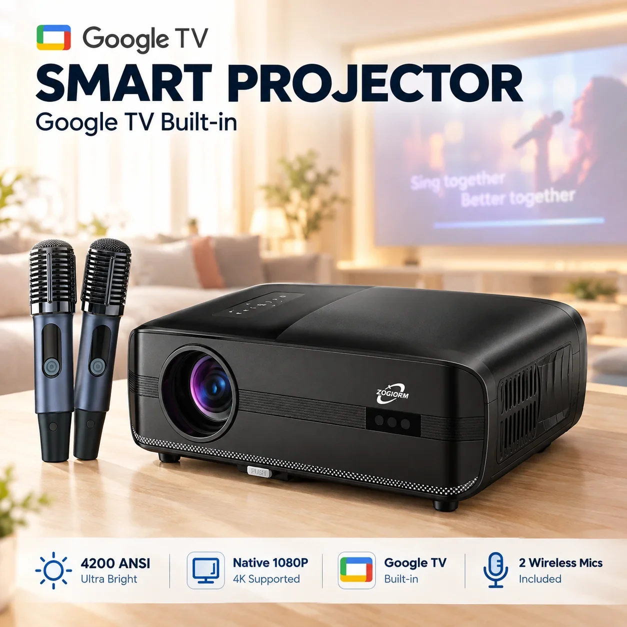 4200ANSI 1000D Google TV Netflix Certified Projector 4K Supported Native 1080PAuto Focus HiFi Stereo with Dual Mic Home Theater