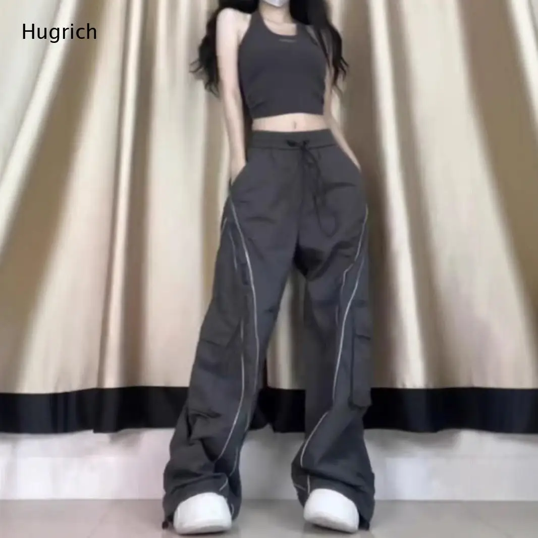 Women's High Waist Wide Leg Cargo Pants with Contrast Stitching - Loose Fit Streetwear Trousers for Casual Daily Wear