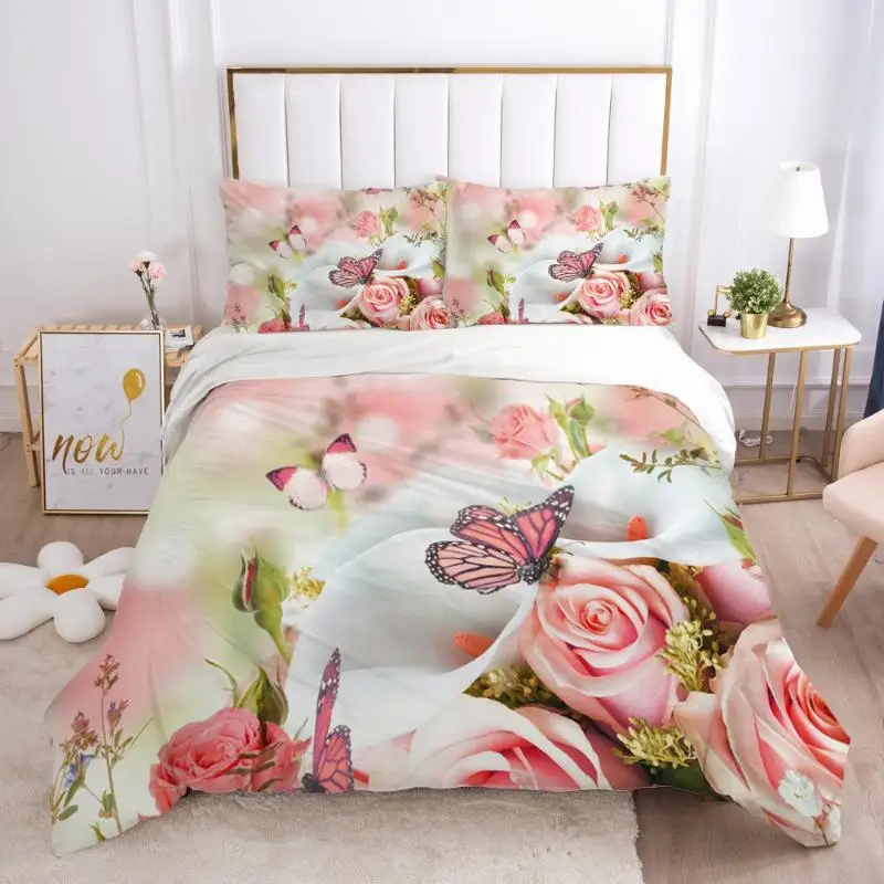 

Butterfly Duvet Cover Set Pink Butterflies Rose Printed Comforter Cover Set For Girls Teens Women Spring Fresh Theme Quilt Cover